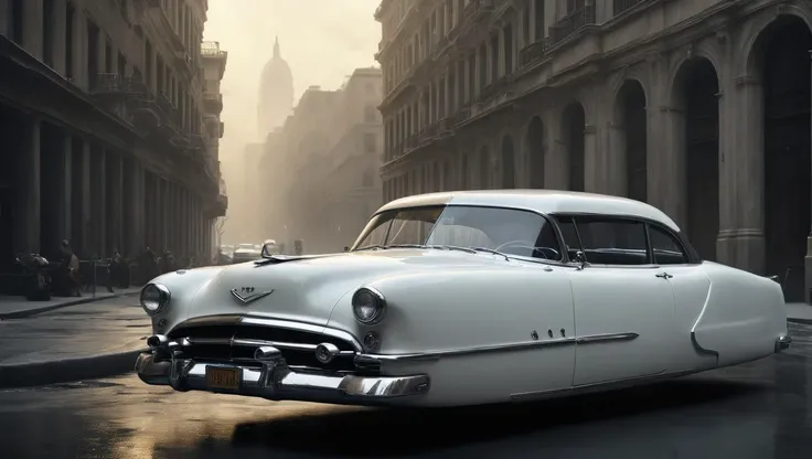 white hovering car, <lora:Hovering_Car_SDXL_v1:1>Hovering_Car, 1956, city streets, no wheels, (1950s automobile) hyper realistic, 16k, cinematic lighting, wide shot, f/3.6, gotham city background, gloomy, haze, perfect composition, beautiful detailed intricate insanely detailed octane render trending on artstation, 8 k artistic photography, photorealistic concept art, soft natural volumetric cinematic perfect light, chiaroscuro, award - winning photograph, masterpiece, oil on canvas, raphael, caravaggio, greg rutkowski, beeple, beksinski, giger