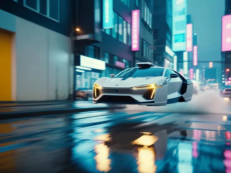 (very wide angle:1.9), (futuristic hovering cars:1.4), concept car, (chased by mechas robots:1.8), no wheels, (cyberpunk streets:1.5), (night time:1.4), (high-speed chase cinematic:1.4), splashing water, raining , depth of field, motion blur, terrified driver, <lora:Hovering_Car_SDXL_v1:1> hovering_car, (dutch angle:1.9), hyper realistic, hyper detailed, masterpiece 8K