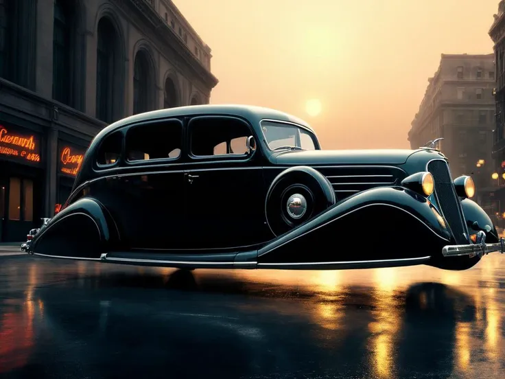 hovering car, <lora:Hovering_Car_SDXL_v1:1>Hovering_Car, 1935, city streets, no wheels, (1930s  sedan automobile) retro cyberpunk style, clean lines, sharp edges, streamline, (futuristic concept car:1.2), detailed, vintage style, hyper realistic, 16k, cinematic lighting, wide shot, f/3.6, gotham city background, gloomy, haze, perfect composition, beautiful detailed intricate insanely detailed octane render trending on artstation, 8 k artistic photography, photorealistic concept art, soft natural volumetric cinematic perfect light, chiaroscuro, award - winning photograph, masterpiece, oil on canvas, raphael, caravaggio, greg rutkowski, beeple, beksinski, giger