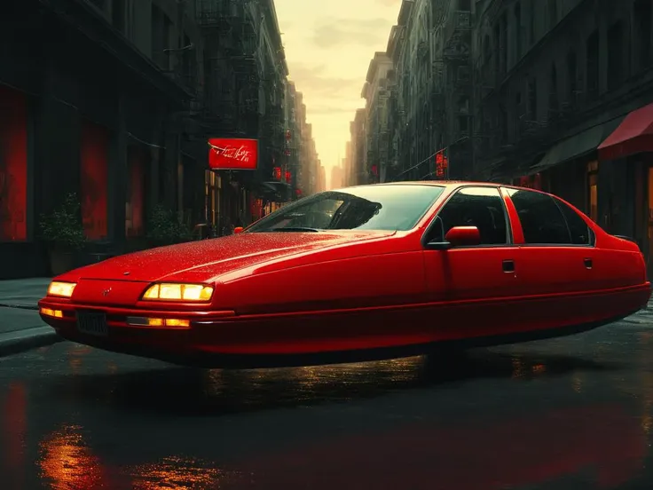 red hovering car, <lora:Hovering_Car_SDXL_v1:1>Hovering_Car, 1997, city streets, no wheels,, (1997s sedan automobile) retro cyberpunk style, clean lines, sharp edges, streamline, (futuristic concept car:1.2), detailed, vintage style, hyper realistic, 16k, cinematic lighting, wide shot, f/3.6, gotham city background, gloomy, haze, perfect composition, beautiful detailed intricate insanely detailed octane render trending on artstation, 8 k artistic photography, photorealistic concept art, soft natural volumetric cinematic perfect light, chiaroscuro, award - winning photograph, masterpiece, oil on canvas, raphael, caravaggio, greg rutkowski, beeple, beksinski, giger