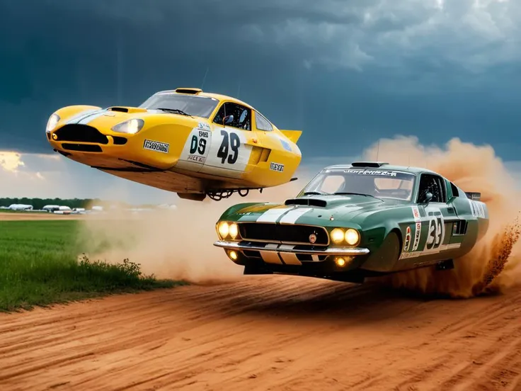(very wide angle:1.3) (foreshortening:1.5) photo of two different (vintage concept race cars) jumping over a (dirt crest:1.2), rainy weather, (pouring rain:1.2), (at dusk:1.6), (glowing lit energy field under the vehicles:1.5), (motion blur:1.3) high speed racing, (long trail dust:1.2), energy, action scene, <lora:Hovering_Car_SDXL_v1:1.2> (hovering_car:1.1) , hyperdetailed, hyper realism, 8K, action photography, (dutch angle:1.4), (from above:1.4), low camera angle , <lora:xl_more_art-full_v1:0.75>, style by Lawrence Alma-Tadema and William Bouguereau and Édouard Debat-Ponsan, style by ((Jules breton)) and Jean-François Millet