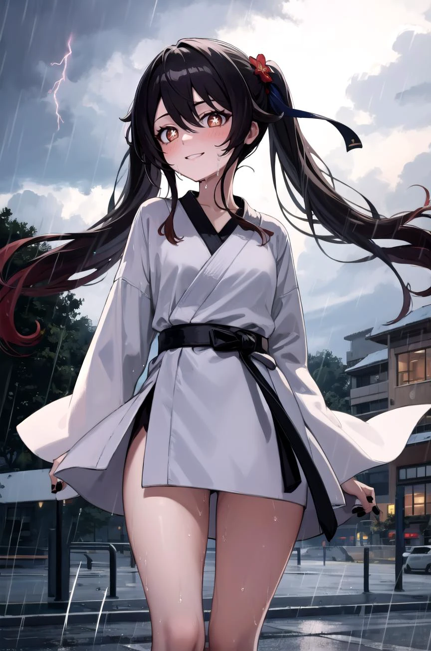 (masterpiece, best quality, detailed), 1girl, solo, hu_tao, long hair, symbol-shaped pupils, twintails, hair between eyes, flower-shaped pupils, very long hair, black nails, nail polish, looking at viewer, ghost,
<lora:Dougi2:1>, dougi, outdoors, lightning, rain, cloudy sky, wet, storm, wind, <lora:standing_split:0.9> standing split, standing on one leg, nose blush, smile