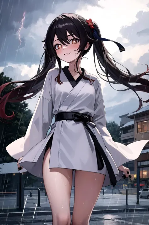 (masterpiece, best quality, detailed), 1girl, solo, hu_tao, long hair, symbol-shaped pupils, twintails, hair between eyes, flower-shaped pupils, very long hair, black nails, nail polish, looking at viewer, ghost,
<lora:Dougi2:1>, dougi, outdoors, lightning, rain, cloudy sky, wet, storm, wind, <lora:standing_split:0.9> standing split, standing on one leg, nose blush, smile