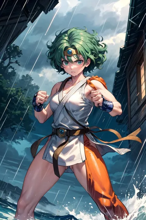(masterpiece, best quality, detailed), 1girl, solo, looking at viewer, heroine, circlet, curly hair, green hair, short hair,
<lora:Dougi2:1>, dougi, outdoors, lightning, rain, cloudy sky, wet, storm, wind, fighting stance, (clenched hands), legs apart, serious, v-shaped eyebrows