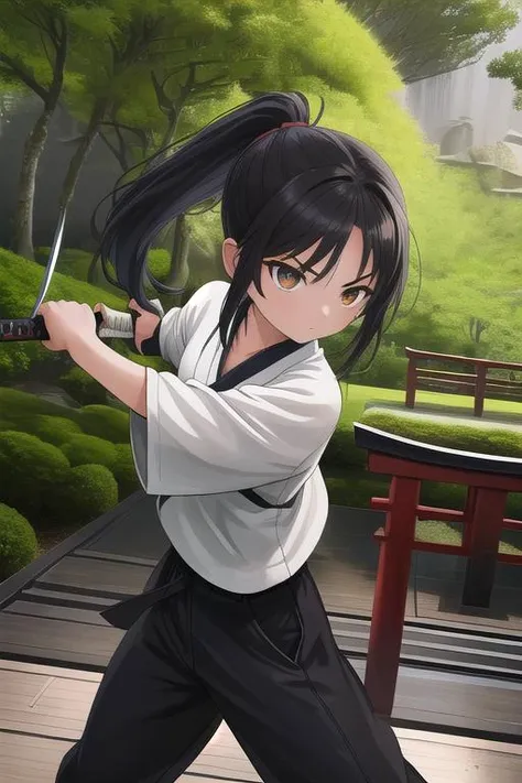 masterpiece, best quality,ultra detail, <lora:anmnr01:0.3> <lora:add_detail:0.5>,<lora:GoodHands-vanilla:0.8>petite,girl,black long hair, <lora:Dougi2:0.7>,dougi,japanese style garden,black pants,ponytail,standing,facing viewer,open stance,keep low, viewer,upper body,fighting stance,cinematic angle,hold wood katana