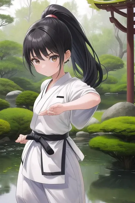 masterpiece, best quality,ultra detail, <lora:anmnr01:0.3> <lora:add_detail:0.5>,<lora:GoodHands-vanilla:0.8>petite,girl,black long hair, <lora:Dougi2:0.7>,dougi,japanese style garden,white pants,ponytail,standing,facing viewer,open stance,keep low, viewer,upper body,fighting stance,cinematic angle,jumping