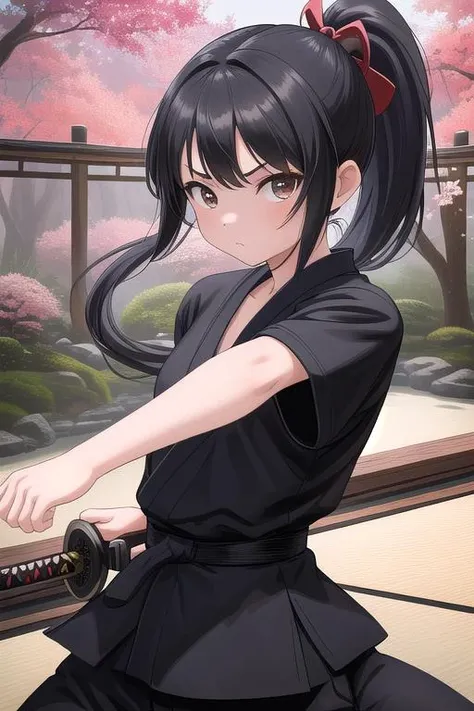 masterpiece, best quality,ultra detail, <lora:anmnr01:0.3> <lora:add_detail:0.5>,<lora:GoodHands-vanilla:0.8>petite,girl,black long hair, <lora:Dougi2:0.7>,dougi,japanese style garden,black pants,ponytail,standing,facing viewer,open stance,keep low, viewer,upper body,fighting stance,cinematic angle,hold wood katana
