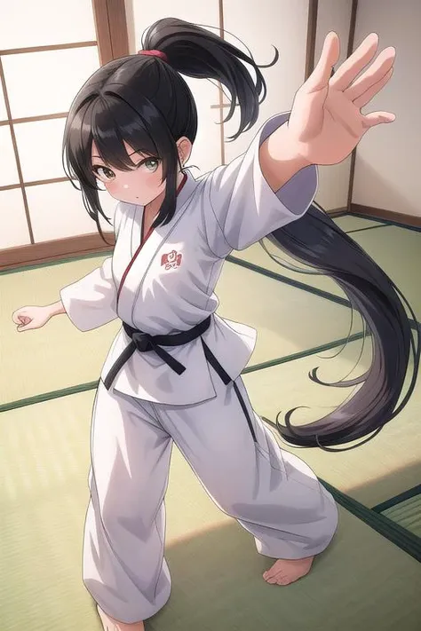 mizuki,see through nipples,small breasts, (dark-skinned female:1.2), (dark skin:1.2), two side up, very long hair, brown hair, hair between eyes, hair ribbon, hair rings, pink eyes,(karate gi,:1.2),(no bra:1.1),(no pants,micro panties:1.2),(sweat gleaming skin:1.1), (judo hall:1.2),(highres, high quality:1.1), intricate details, cinematic lighting, 1girl,(red blush,angry),(dynamic fighting pose:1.2),dynamic angle,from below,cameltoe,show off panties