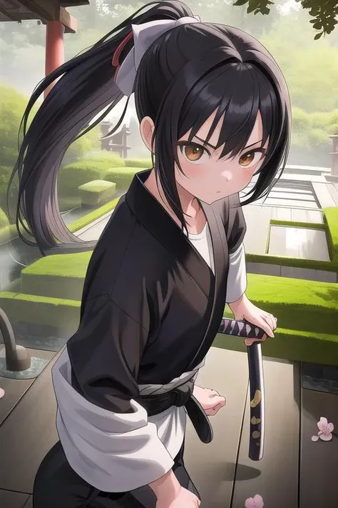 masterpiece, best quality,ultra detail, <lora:anmnr01:0.3> <lora:add_detail:0.5>,<lora:GoodHands-vanilla:0.8>petite,girl,black long hair, <lora:Dougi2:0.7>,dougi,japanese style garden,black pants,ponytail,standing,facing viewer,open stance,keep low, viewer,upper body,fighting stance,cinematic angle,hold wood katana