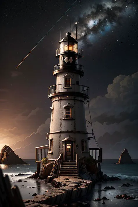 steampunkai Isolated Lighthouse, messy environment against a black night sky, ultra-detailed, Hyperrealistic, sharp focus, octane render