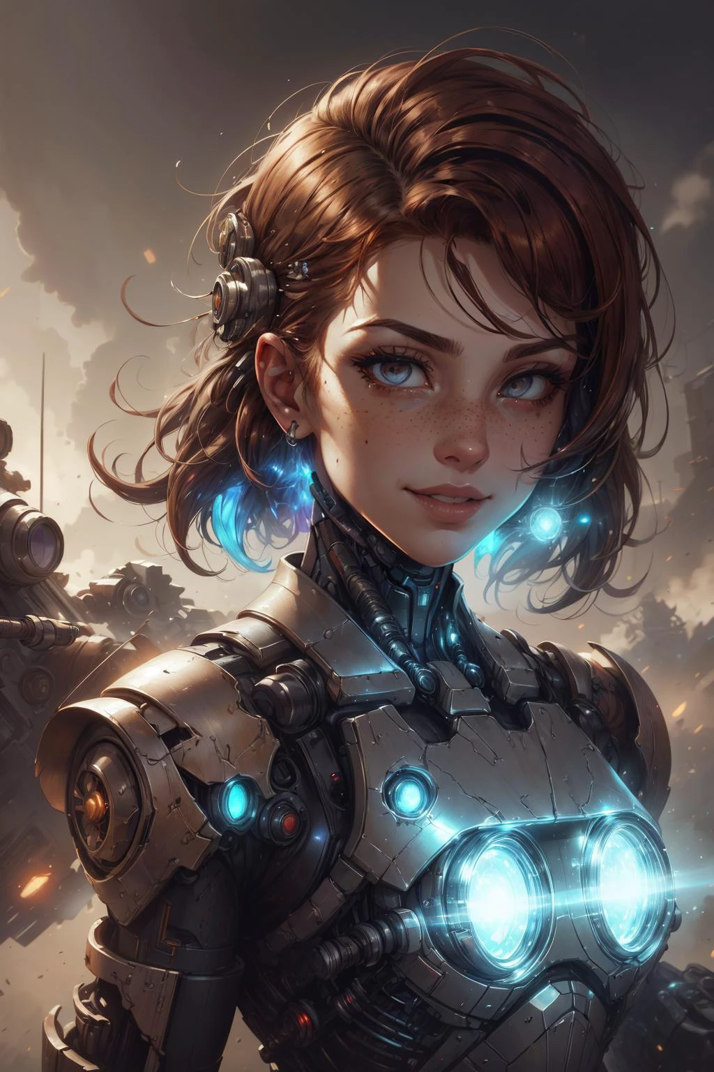 beautiful and detailed illustration, pop art, masterpiece, best quality, ultra-detailed, soft lighting, cinematic shot, vibrant colors, gorgeous colors, <lora:add_detail:0.3>, <lora:stylesqueeze_v2:0.5>,
1 girl, adult (elven:0.7) woman, freckles, black eyes, auburn razor cut hair, ombre,
<lora:GoodHands-beta2:0.8>,
portrait, solo, from front, front view, (full body:0.6), looking away, detailed background, detailed face, (<lora:SteamPunkBundleV3:0.5>, AetherpunkAI theme:1.1), futuristic trooper, shock trooper, wearing light armor, energy-veins, scars, head-up display, grenades, emblem, smirk, bionic eye, taking cover, bioenhancements, :battlefield in background, hazy mist, bokeh, intense atmosphere,