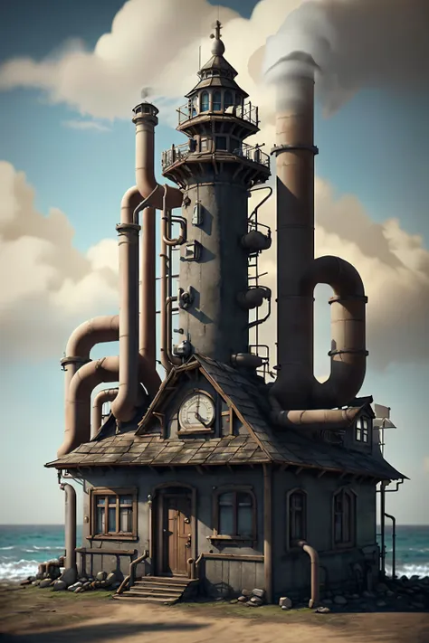 <lyco:SteamPunkBundleV3:.9> manygaugesai, manypipesai, Arid Isolated Lighthouse, messy environment, ultra detailed, Hyperrealistic, sharp focus, octane render