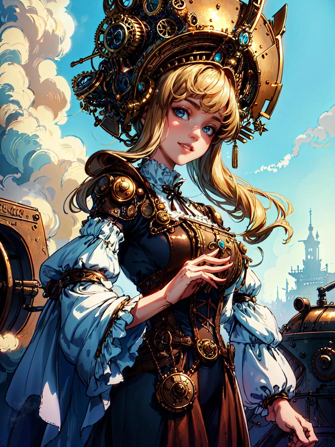 (masterpiece:1.2), (best quality:1.2), beautiful, high quality, (highres:1.1), detailed, extremely detailed 4K, perfect face, perfect lighting, <lora:tool_addDetail:0.25>,(1girl, solo, adult female, mature female),
<lora:costume_haloCrown:0.8> halocro, (large brass headdress:1.25), SteampunkAI headdress, SteampunkAI halocro, headdress made out of cogs,
<lora:style_steamPunkBundle:0.9> SteampunkAI, SteampunkAI dress made out of brass, smile, parted lips, contrapposto, SteampunkAI background, SteampunkAI city, steampunk, Victorian dress, blue sky, sunny, looking at viewer