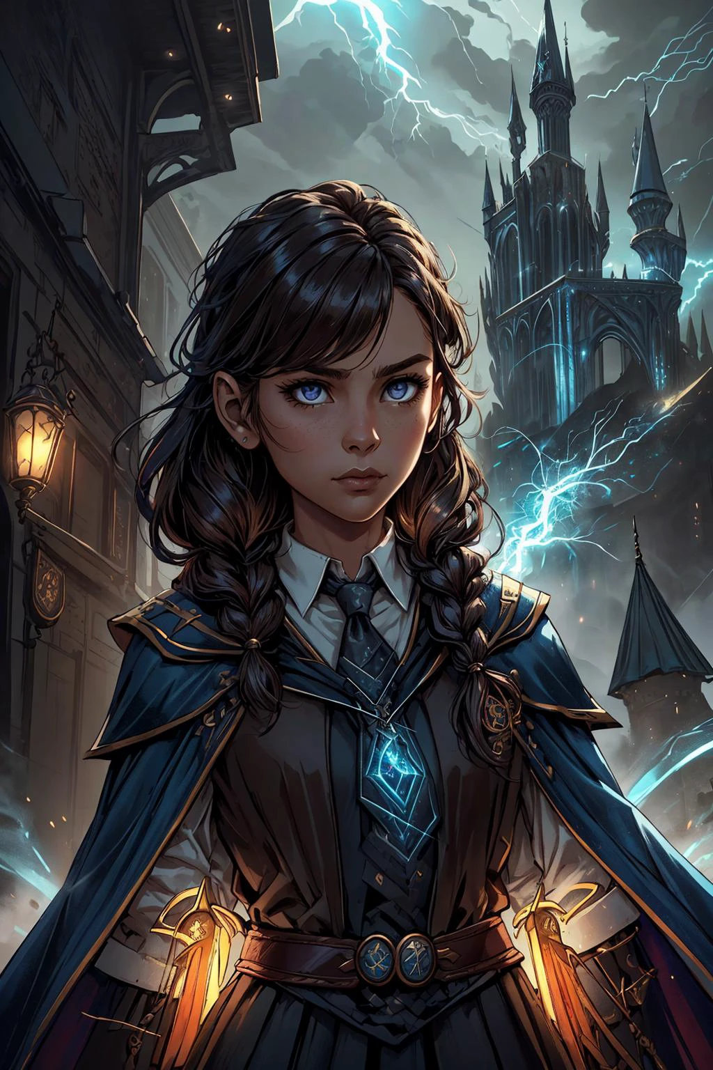 <lora:add_detail:0.5>, <lora:FZB_line_weights:0.4>, <lora:realistic:0.1>, <lora:sharpen-soften:-0.1>,
1 girl, adult (elven:0.7) woman, black eyes, brown fishtail braid,
portrait, looking at viewer, solo, upper body, detailed background, detailed face, (<lora:SteamPunkBundleV3:0.5>, AetherpunkAI theme:1.1), hogwarts student, curious, (ravenclaw uniform:1.1), necktie, shirt, cloak, casting spell, blue lightning, <lora:LightingVFX:0.4>, hogwarts castle in background, epic atmosphere, backlighting, dim lighting,