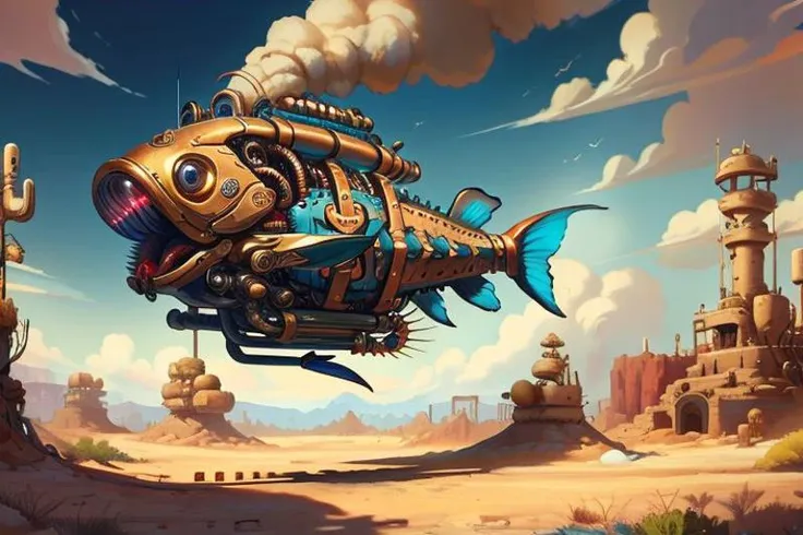 masterpiece, best quality, highly detailed, score_9, score_8_up, score_7_up, score_6_up, fish cyborg, desert, realistic,