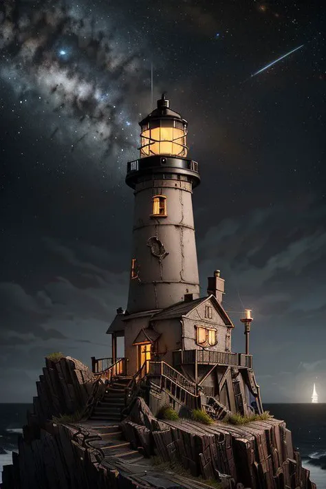steampunkai Isolated Lighthouse, messy environment against a black night sky, ultra-detailed, Hyperrealistic, sharp focus, octane render