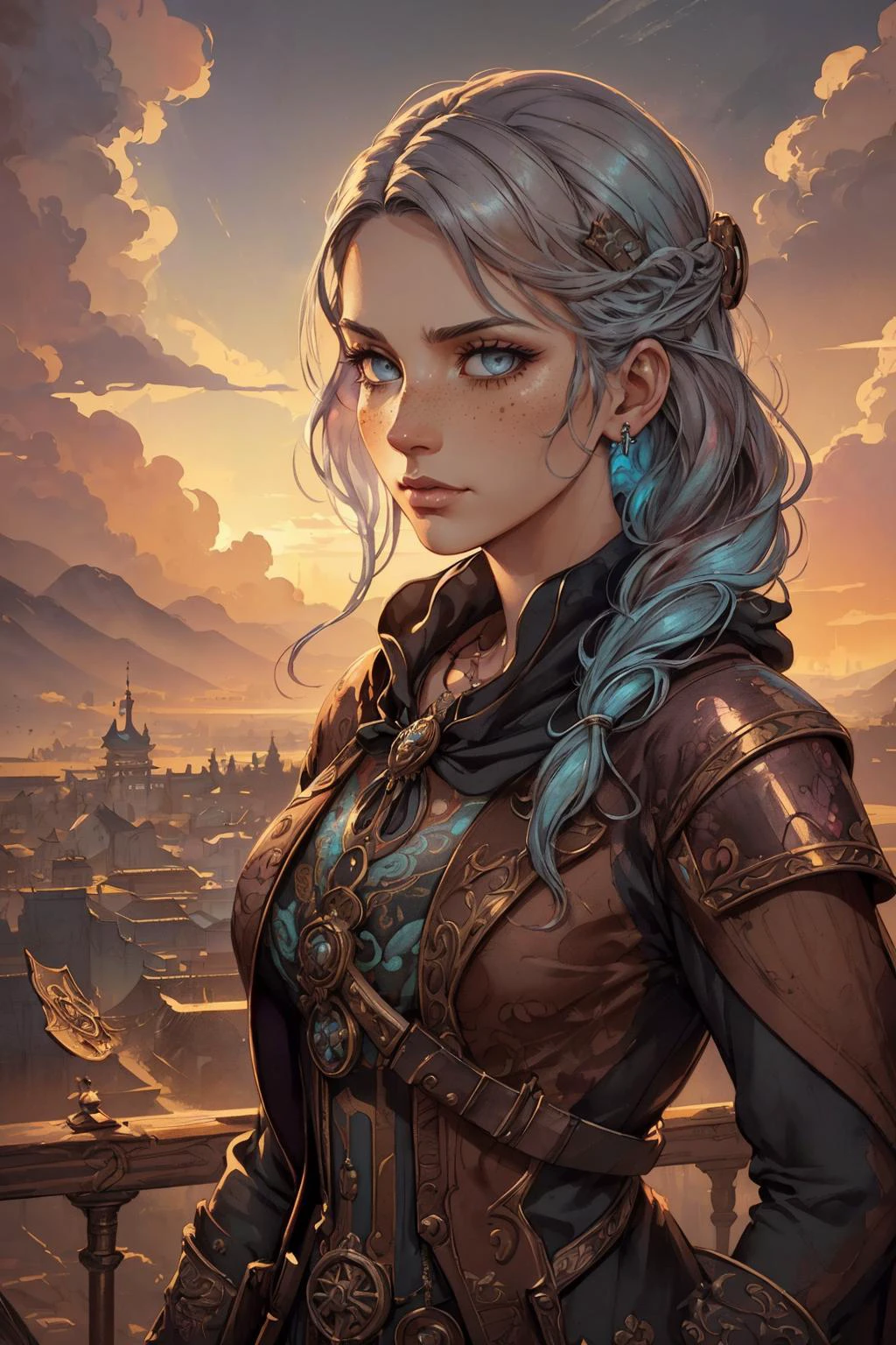 (Watercolor style painting, visible paper texture, colorwash, watercolor art:1.1), beautiful and detailed illustration, pop art, masterpiece, best quality, ultra-detailed, soft lighting, cinematic shot, vibrant colors, gorgeous colors, <lora:add_detail:0.3>, <lora:stylesqueeze_v2:0.5>,
1 girl, adult (elven:0.7) woman, freckles, black eyes, copper fishtail braid,
solo, half shot, looking at viewer, detailed background, detailed face, (<lora:SteamPunkBundleV3:0.4>, steampunkai, steampunk theme:1.1), determined, witcher, monster slayer, wearing studded witcher clothes, elaborate, bruises, cloak witcher gear, crane witcher medalion, aggressive stance, supernatural abilities, clouds in background, sunset, mysterious atmosphere,