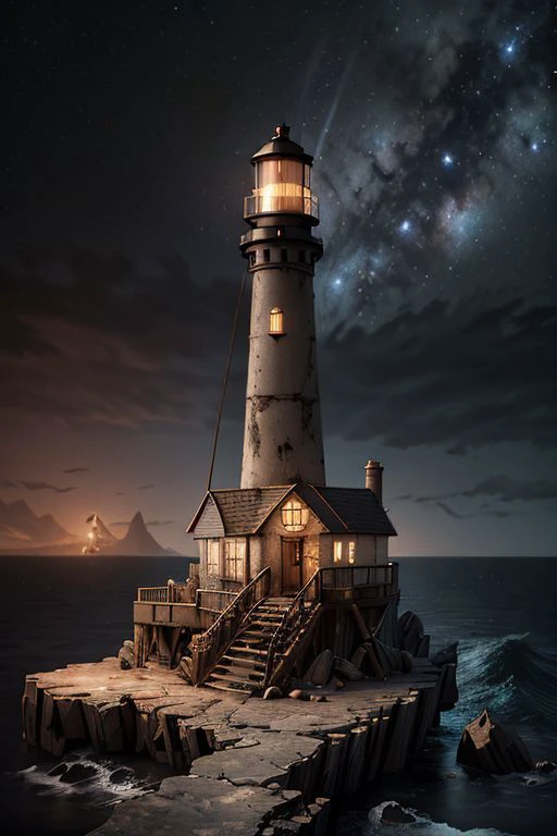 steampunkai Isolated Lighthouse, messy environment against a black night sky, ultra-detailed, Hyperrealistic, sharp focus, octane render