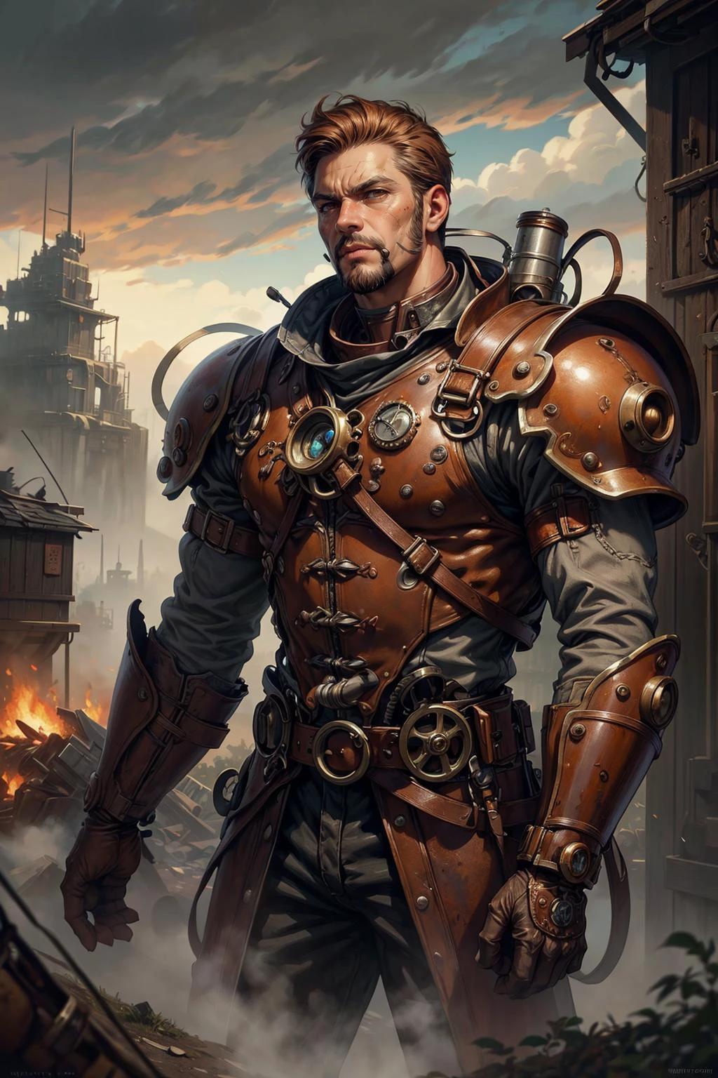 (Masterpiece:1.2), best quality, (illustration:1.2), (ultra-detailed), hyper details, (delicate detailed), (intricate details), clear line, high contrast, colorful, (Photoshop Pastel Painting), (Cinematic masterpiece), <lora:add_detail:1>, <lora:sharpen-soften:-0.25>, <lora:kittew_v0.1:0.3>,
(1man, muscular adult french male:1.2), dark brown eyes, ginger hair, mutton chops,
(style-rustmagic:1.0) solo, half shot, looking away, detailed background, detailed face, (<lora:SteamPunkBundleV3:0.4>, steampunkai, steampunk theme:1.1), rust-warrior, rusty armor, rusted iron, rusted metal, (rusty:1.05), brown rust, weathered, dented, dirt, fully rusted, machinery, left to rust, stoic expression, scrap pile in background, low light, dark clouds, cinematic atmosphere,