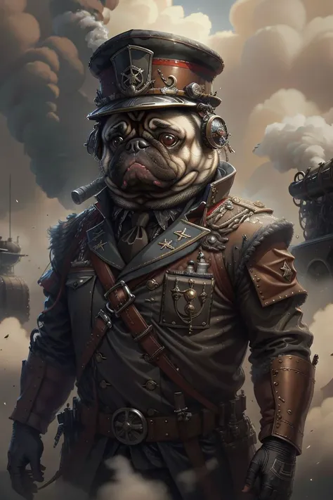 <lyco:SteamPunkBundleV3:.9> [steampunkai|manygaugesai] military general pug, (epiCRealism:0.8) <lora:LowRA:0.2>