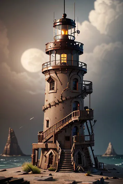 steampunkai Isolated Lighthouse, messy environment, ultra detailed, Hyperrealistic, sharp focus, octane render