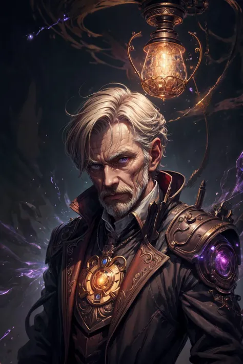 (masterpiece, best quality), aesthetic illustration,   <lora:add_detail:1>
(1man, wrinkled face, old  male:1.2),   dark brown eyes, blonde hair, short mustache, 
  solo, half shot, looking down, detailed background, detailed face, (<lora:SteamPunkBundleV3:0.5>, GasLampFantasyAI theme:1.1),  techno-priest, technomancer, dynamic pose, [magic|technology], melding of wizardry and clockwork, dark red  [enchanted robes|engineering armor], arcane glyphs, implants,   [electric sparks|magical runes],  floating particles, electric energy wisps, [innovative|ethereal] aura, high tech vehicle in background,  glowing purple lights, cinematic atmosphere,