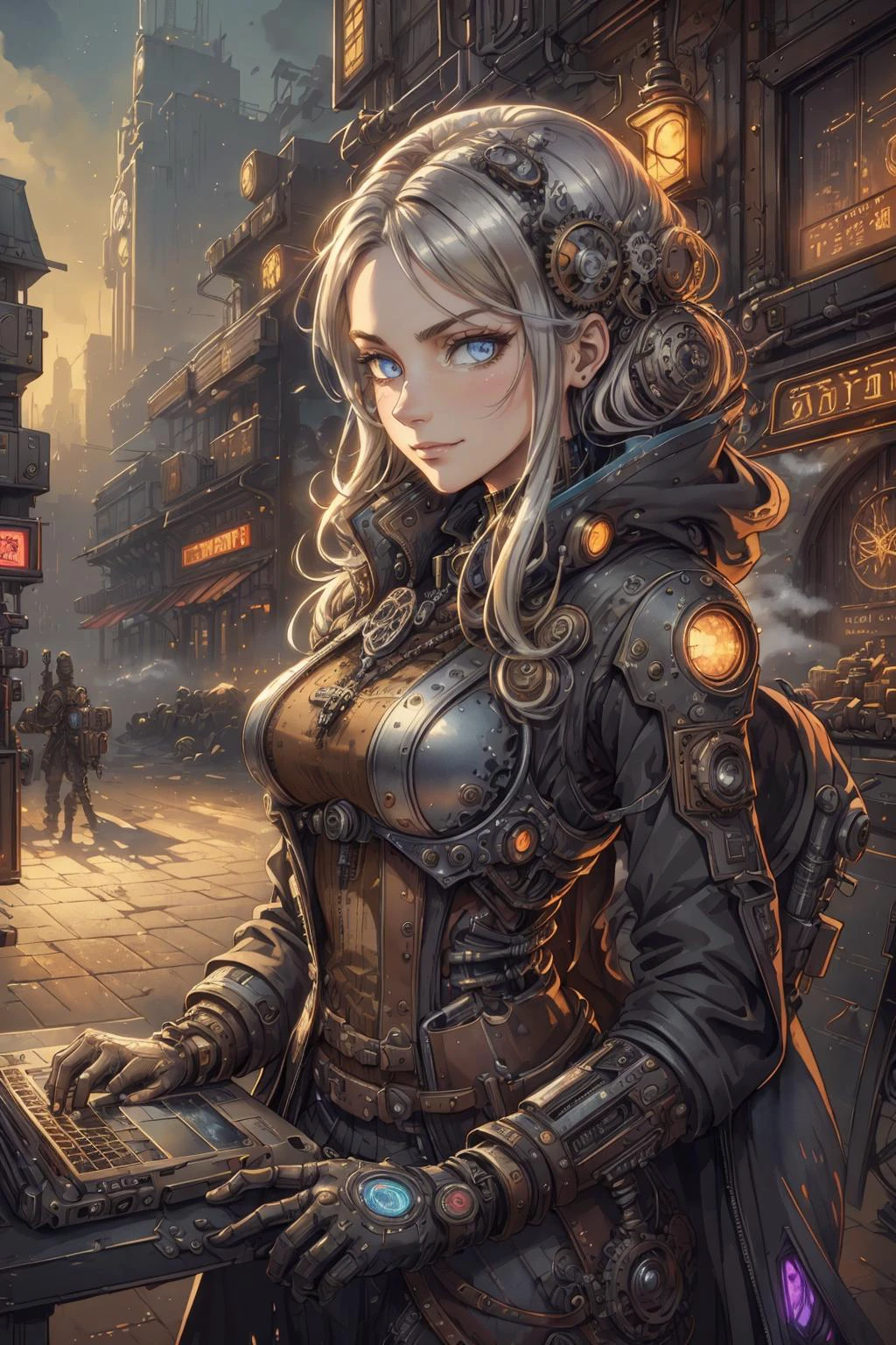 (Watercolor painting, Vibrant, beautiful, painterly, detailed, textural, artistic,:1.1), beautiful and detailed illustration, pop art, masterpiece, best quality, ultra-detailed, soft lighting, cinematic shot, vibrant colors, gorgeous colors, <lora:add_detail:0.3>, <lora:stylesqueeze_v2:0.5>,
1 girl, adult (elven:0.7) woman, silver eyes, dark blonde shaggy hair,
looking at viewer, solo, half shot, detailed background, detailed face, (<lora:SteamPunkBundleV3:0.4>, cogpunkai, cogpunk theme:1.1) evil high-tech futuristic hacker, smirk, advanced technology, coat, techwear, keycard, head-up display, (holographic display:1.05), error message, encrypted symbols, laptop, graph, hacker van in background, subterfuge, dark sinister atmosphere, shadows,
