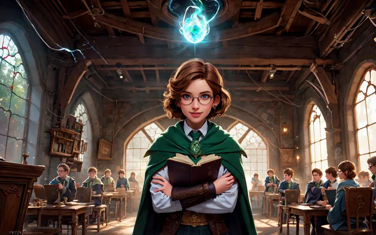 Style-GravityMagic, looking away, solo, (full body:0.6), detailed background, detailed face, (<lora:SteamPunkBundleV3:0.5>, AetherpunkAI theme:1.1), hogwarts student, smiling, mischievous, (slytherin uniform:1.1), scarf, glasses, shirt, cloak,  casting spell,  hogwarts classroom in background, epic atmosphere,  dim lighting,, (high quality, very realistic, photorealistic:1.4),