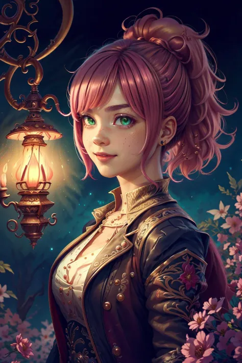 highres, masterpiece, perfect lighting, bloom, night, dark, cinematic lighting, adult, perfect skin, female, looking at viewer, (RSEEmma:1.5),<lora:RSERomantic_RSESofiko_RSEEmma-v1:0.3>, GasLampFantasyAI , <lora:breastinClass:0.2>, vivid green eyes, thick eyebrows, parted bangs, black hair:pink hair, freckles, long flowing hair, ponytail, :), smile, <lyco:SteamPunkBundleV3:1.0>