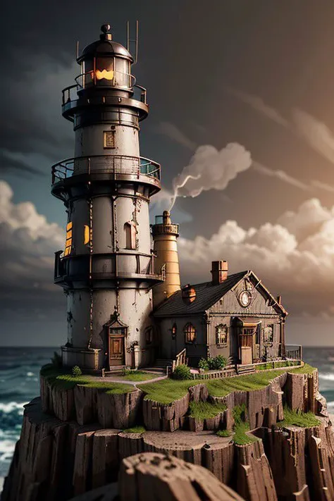 steampunkai Isolated Lighthouse, messy environment, ultra detailed, Hyperrealistic, sharp focus, octane render