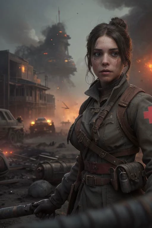 best quality, masterpiece, jp-Kraasni-50 1girl, portrait, solo, half shot, looking up, detailed background, detailed face, (<lora:SteamPunkBundleV3:0.5>, CoalPunkAI, theme:1.1), battlefield-medic, field-surgeon, worried expression, gray military medic uniform, red cross, military insignia, medical supplies, toruniquet, morphine, triage, dirt smudges, blood , dynamic movement, battlefield-hospital in background, floating particles, ashes, danger, dark fog, urgency, cinematic atmosphere, <lora:detail_slider_v4:2>