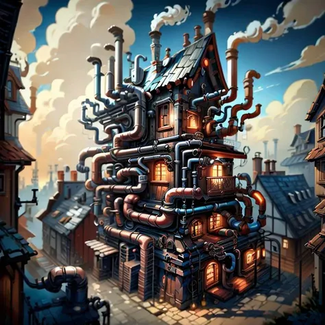 <lora:SteamPunkBundleV3:1> manypipesai house in the city, street, dramatic, masterpiece, concept <lora:more_details:0.6>