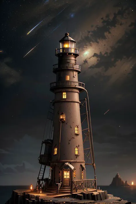 steampunkai Isolated Lighthouse, messy environment against a black night sky, ultra-detailed, Hyperrealistic, sharp focus, octane render