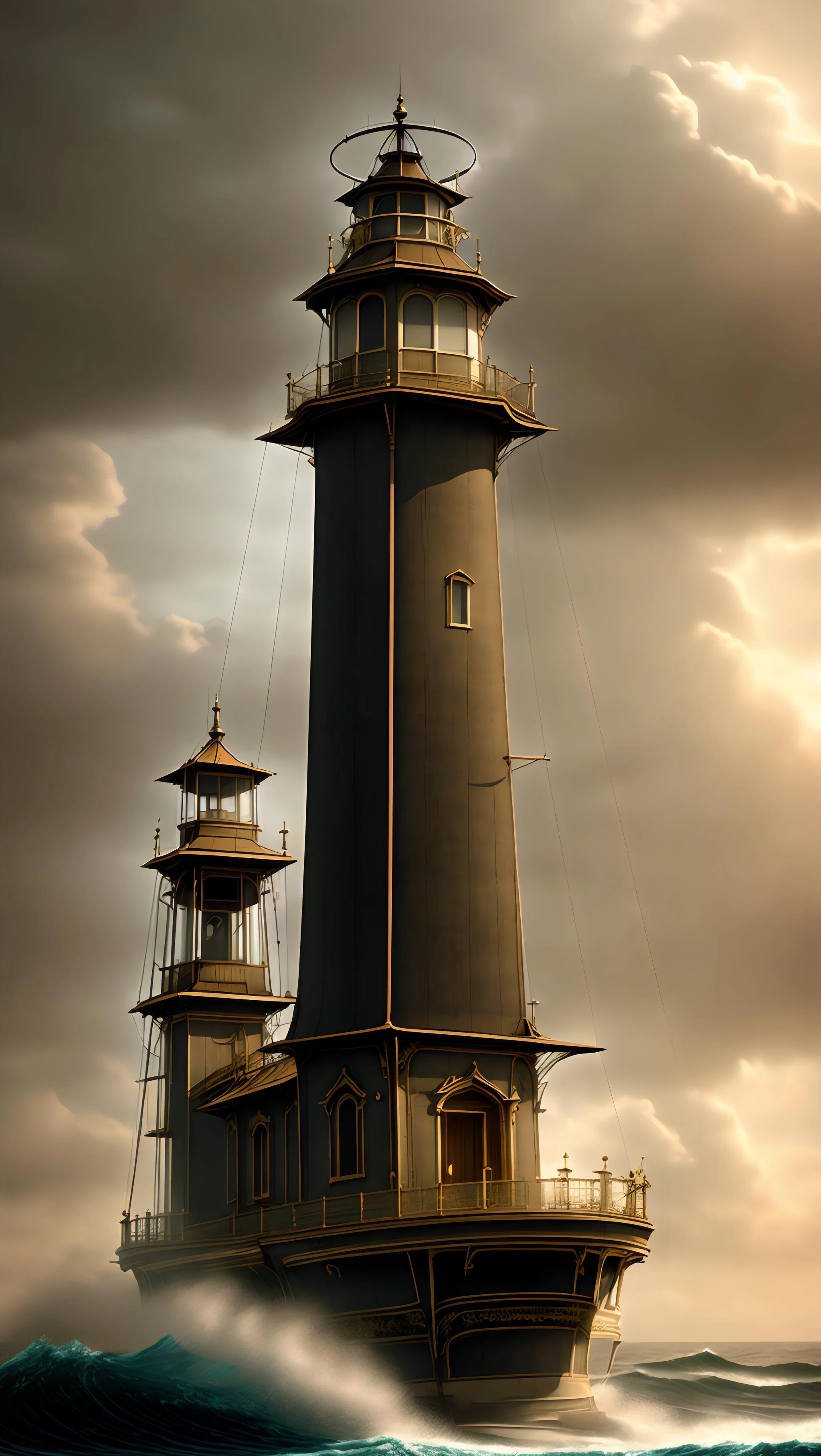 Victorianpunkai, futuristic lighthouse stands tall in a stormy ocean, Rays of sun, <lyco:SteamPunkBundle2v:0.9>