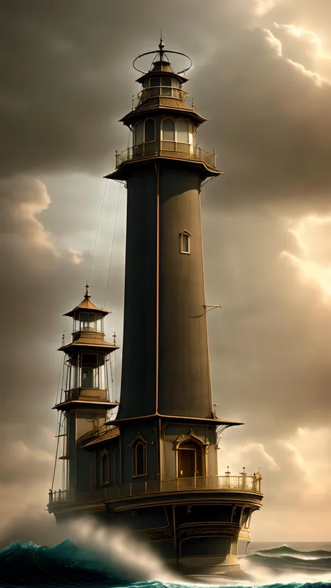 Victorianpunkai, futuristic lighthouse stands tall in a stormy ocean, Rays of sun,   <lyco:SteamPunkBundle2v:0.9>