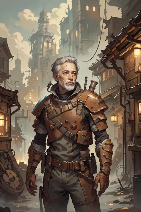 (intricate detail, beautiful:1.2), <lora:smol02:0.4>, <lora:Dreamwave v3:0.5>,
<lora:GoodHands-beta2:0.8>,
(1man, old french male:1.2), frail, dark brown eyes, gray hair, sideburns,
(style-rustmagic:1.0) solo, half shot, looking away, detailed background, detailed face, (<lora:SteamPunkBundleV3:0.5>, AetherpunkAI theme:1.1), rust-warrior, rusty armor, rusted iron, (rusty:1.05), brown rust, made of rust, left to rust, ruins in background, low light, shadows, cinematic atmosphere,
