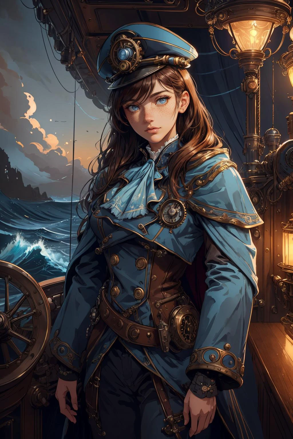 beautiful and detailed illustration, pop art, masterpiece, best quality, ultra-detailed, soft lighting, cinematic shot, vibrant colors, gorgeous colors, <lora:add_detail:0.3>, <lora:stylesqueeze_v2:0.5>,
1 girl, adult russian woman, freckles, black eyes, chestnut shaggy hair,
Style-GravityMagic, portrait, solo, upper body, looking down, detailed background, detailed face, (<lora:SteamPunkBundleV3:0.4>, steampunkai, steampunk theme:1.1), admiral, serious, light blue elaborate admiral uniform, elegant cloak, decorations, dynamic pose, on deck of ship, navigational instruments, ocean waves in background, dusk, dramatic lighting, strategy, cinematic atmosphere,
