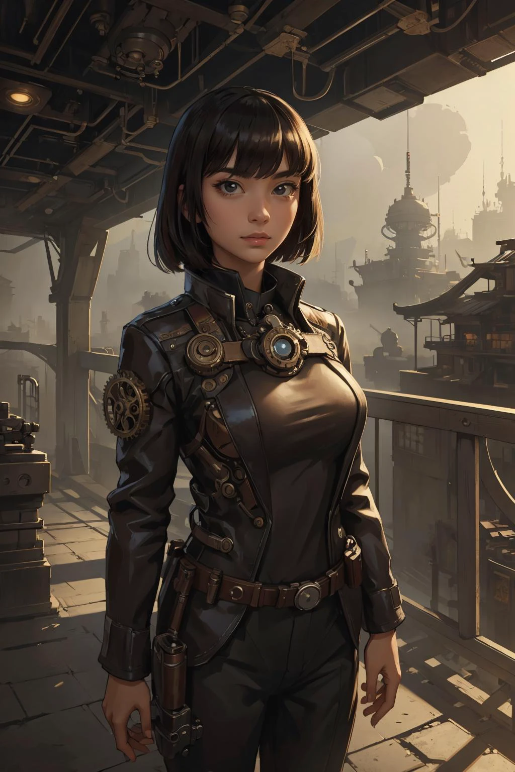 (masterpiece, best quality:1.2), <lora:GoodHands-beta2:0.8>, 1girl, asian woman, bangs, portrait, solo, half shot, looking away, detailed background, detailed face, (<lora:SteamPunkBundleV3:0.4>, cogpunkai, cogpunk theme:1.1), secret agent, stealth, subterfuge, espionage, surveillance, infiltration, covert operation, dynamic pose, white spy clothes, goggles, bridge in background, low light, cinematic atmosphere,