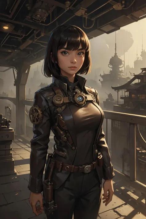 (masterpiece, best quality:1.2), <lora:GoodHands-beta2:0.8>, 1girl, asian woman, bangs, portrait, solo,  half shot, looking away, detailed background, detailed face, (<lora:SteamPunkBundleV3:0.4>, cogpunkai, cogpunk theme:1.1), secret agent, stealth, subterfuge, espionage,  surveillance,   infiltration, covert operation,  dynamic pose,  white spy clothes, goggles, bridge in background, low light,  cinematic atmosphere,