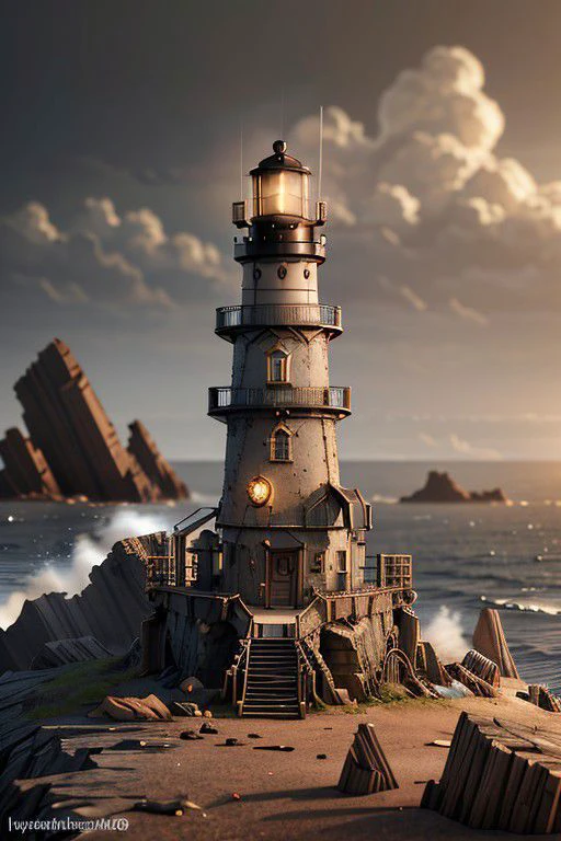 steampunkai Isolated Lighthouse, messy environment, ultra detailed, Hyperrealistic, sharp focus, octane render