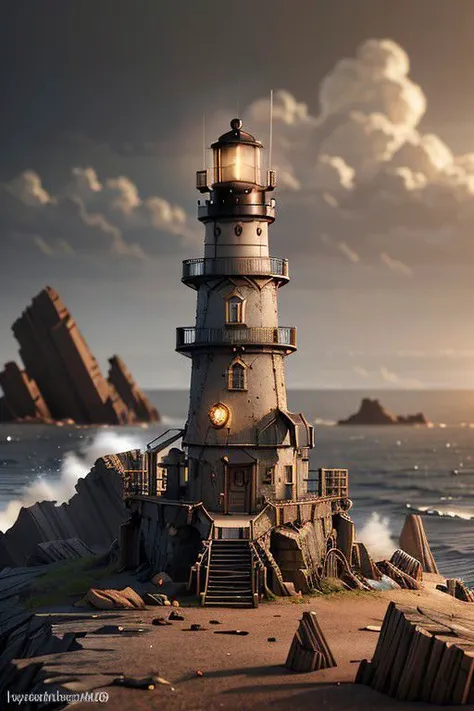 steampunkai Isolated Lighthouse, messy environment, ultra detailed, Hyperrealistic, sharp focus, octane render