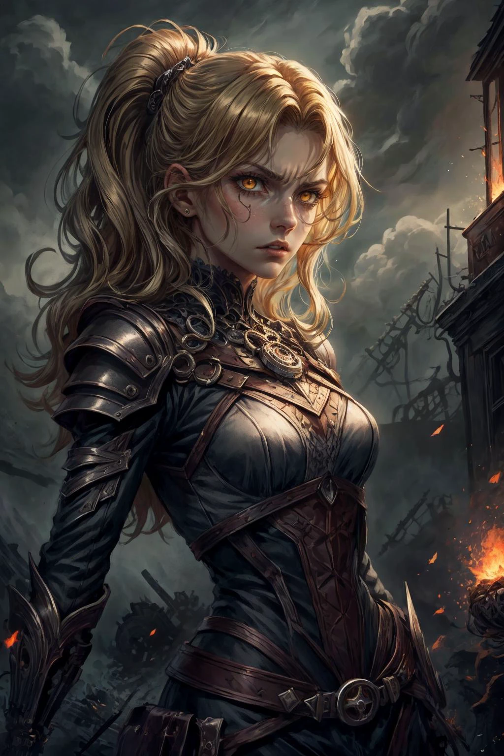 (masterpiece, best quality), aesthetic illustration, <lora:add_detail:1>
1 girl, adult (elven:0.7) woman, yellow eyes, dark blonde wavy hair,
solo, half shot, detailed background, detailed face, (<lora:SteamPunkBundleV3:0.4>, cogpunkai, cogpunk theme:1.1), angry expression, dark fighter, betrayer, gray clothes, tattered armor, dynamic pose, floating particles, embers, spiders in background, dark tower in background, misty dark sinister atmosphere, black clouds,
<lora:lol2:0.4>,