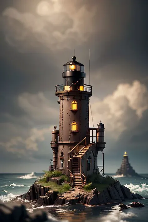 steampunkai Isolated Lighthouse, messy environment, ultra detailed, Hyperrealistic, sharp focus, octane render