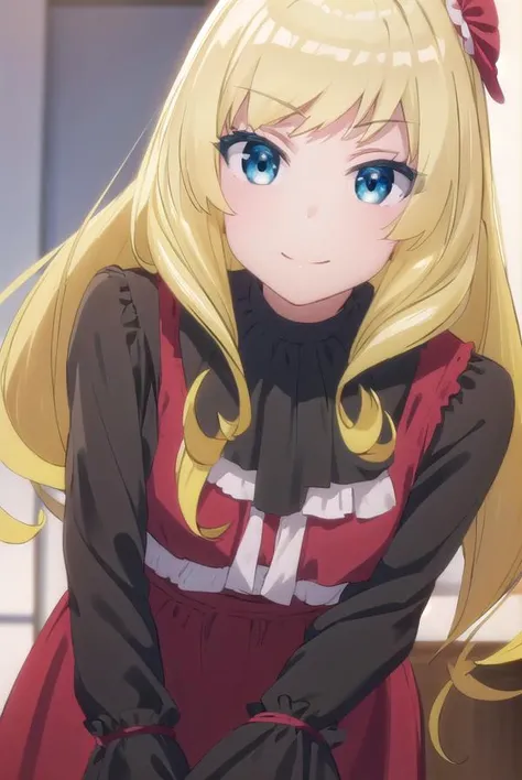 ashleyoono, <lora:ashley oono s1-lora-nochekaiser:1>,
ashley oono, long hair, blue eyes, blonde hair, hair ornament, drill hair, smile,
BREAK dress, pantyhose, red dress, long sleeves, frills,
BREAK indoors,
BREAK looking at viewer, (cowboy shot:1.5),
BREAK <lyco:GoodHands-beta2:1>, (masterpiece:1.2), best quality, high resolution, unity 8k wallpaper, (illustration:0.8), (beautiful detailed eyes:1.6), extremely detailed face, perfect lighting, extremely detailed CG, (perfect hands, perfect anatomy),