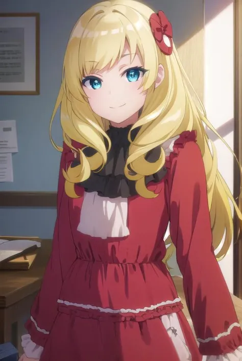 ashleyoono, <lora:ashley oono s1-lora-nochekaiser:1>,
ashley oono, long hair, blue eyes, blonde hair, hair ornament, drill hair, smile,
BREAK dress, pantyhose, red dress, long sleeves, frills,
BREAK indoors,
BREAK looking at viewer, (cowboy shot:1.5),
BREAK <lyco:GoodHands-beta2:1>, (masterpiece:1.2), best quality, high resolution, unity 8k wallpaper, (illustration:0.8), (beautiful detailed eyes:1.6), extremely detailed face, perfect lighting, extremely detailed CG, (perfect hands, perfect anatomy),