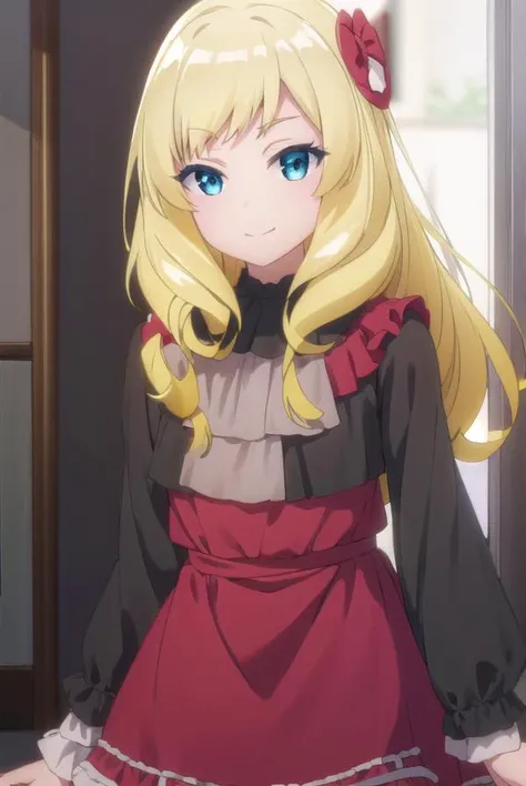 ashleyoono, <lora:ashley oono s1-lora-nochekaiser:1>,
ashley oono, long hair, blue eyes, blonde hair, hair ornament, drill hair, smile,
BREAK dress, pantyhose, red dress, long sleeves, frills,
BREAK indoors,
BREAK looking at viewer, (cowboy shot:1.5),
BREAK <lyco:GoodHands-beta2:1>, (masterpiece:1.2), best quality, high resolution, unity 8k wallpaper, (illustration:0.8), (beautiful detailed eyes:1.6), extremely detailed face, perfect lighting, extremely detailed CG, (perfect hands, perfect anatomy),