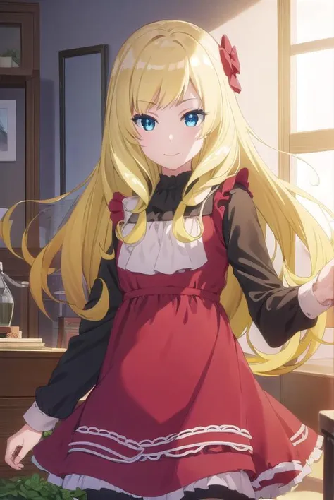 ashleyoono, <lora:ashley oono s1-lora-nochekaiser:1>,
ashley oono, long hair, blue eyes, blonde hair, hair ornament, drill hair, smile,
BREAK dress, pantyhose, red dress, long sleeves, frills,
BREAK indoors,
BREAK looking at viewer, (cowboy shot:1.5),
BREAK <lyco:GoodHands-beta2:1>, (masterpiece:1.2), best quality, high resolution, unity 8k wallpaper, (illustration:0.8), (beautiful detailed eyes:1.6), extremely detailed face, perfect lighting, extremely detailed CG, (perfect hands, perfect anatomy),