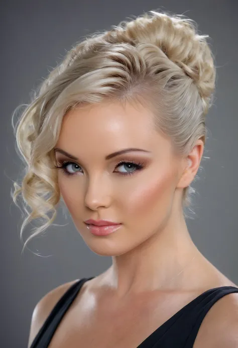 cinematic film still <lora:SilviaSaint_SDXL_v1.0:1> 
Softbox lighting sculpts her features, accentuating delicately lined eyes and highlighter-kissed cheekbones. Wavy platinum locks are swept to one side in a messy updo. plain simple backdrop, grey background . shallow depth of field, vignette, highly detailed, high budget, bokeh, cinemascope, moody, epic, gorgeous, film grain, grainy