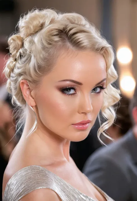 cinematic film still <lora:SilviaSaint_SDXL_v1.0:1>
Softbox lighting sculpts her features, accentuating delicately lined eyes and highlighter-kissed cheekbones. Wavy platinum locks are swept to one side in a messy updo. . shallow depth of field, vignette, highly detailed, high budget, bokeh, cinemascope, moody, epic, gorgeous, film grain, grainy