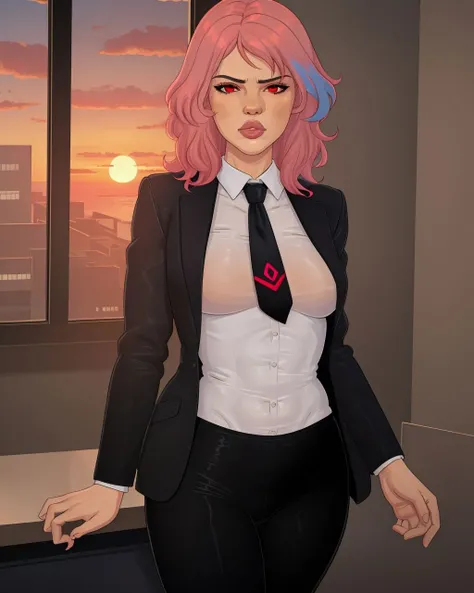 cowboy shot, pink hair, medium hair, red eyes, serious, breasts, suit, white undershirt, black jacket, red necktie, black pants, office, sunset, window, lips, <lora:Rocner--10:0.8>